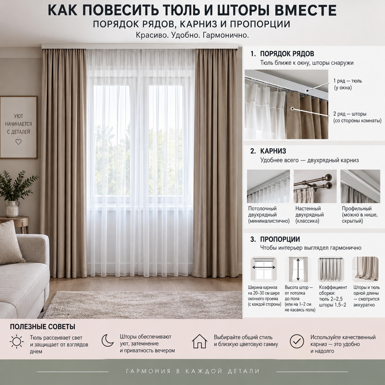 Как повесить тюль и шторы вместе: порядок рядов, карниз и пропорции