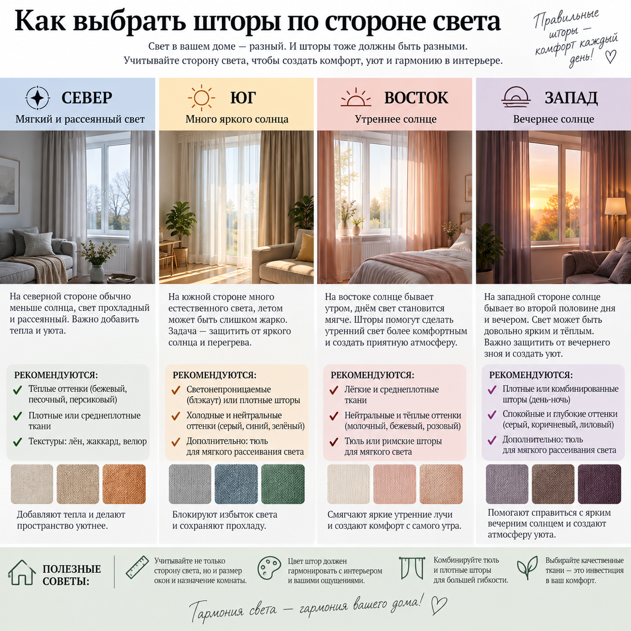 Как выбрать шторы по стороне света?