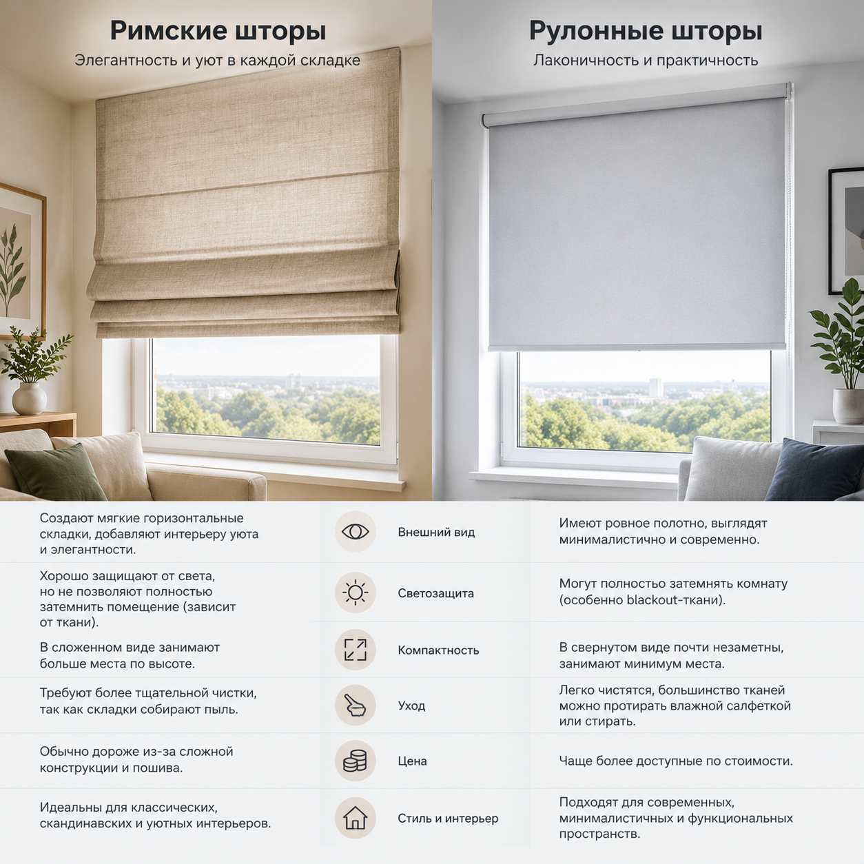 Римские или рулонные шторы: сравнение